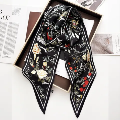 Women Elegant Floral Print Satin Scarf Vintage Crane Pattern Long Twilly Skinny Scarf For Hair Neck Bag Handle Wrap Decor