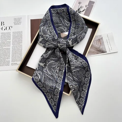 Women Fashion Paisley Printed Satin Scarf Retro Elegant Navy Blue Neck Scarf For Travel Office Daily Wear Decorative Scarf