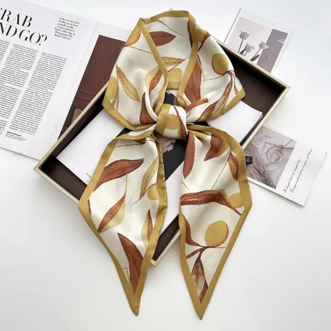 Elegant Leaf Print Satin Scarf For Women Vintage Floral Hairband Multifunctional Bag Decorative Scarf Soft Neck Tie Accessory