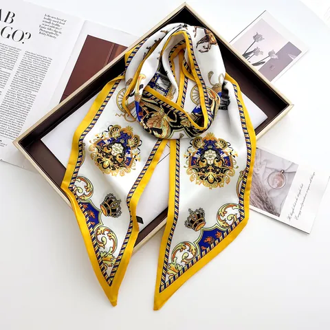 Vintage Court Style Satin Scarf Women Crown Horse Emblem Print Long Twilly Ribbon Silk-Like Neck Scarf Hair Band Waist Wrap