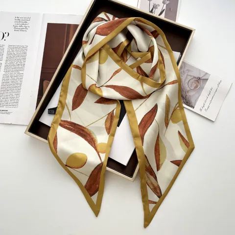 Elegant Leaf Print Satin Scarf For Women Vintage Floral Hairband Multifunctional Bag Decorative Scarf Soft Neck Tie Accessory