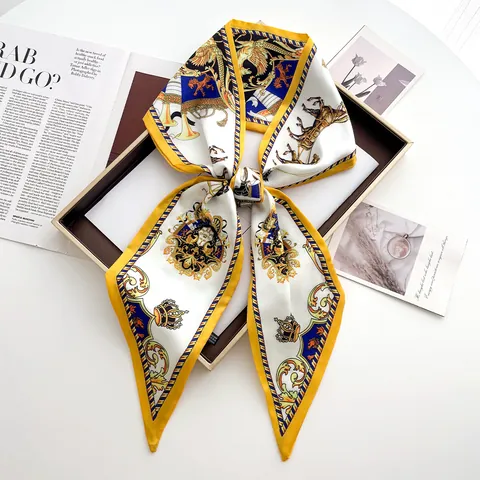 Vintage Court Style Satin Scarf Women Crown Horse Emblem Print Long Twilly Ribbon Silk-Like Neck Scarf Hair Band Waist Wrap