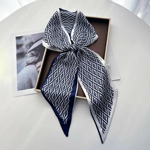 Women Elegant Geometric Rhombus Print Satin Twilly Scarf Letter Pattern Ribbon Bag Hair Neck Accessory Fashionable Scarf