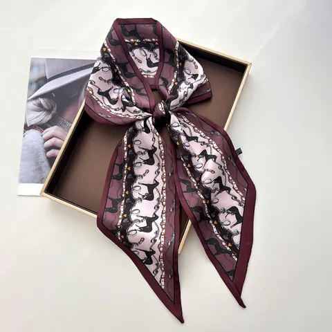 Vintage Horse Chain Print Satin Long Skinny Scarf For Women Elegant Twilly Hair Band Bag Handle Wrap Silk Feel Neck Scarf