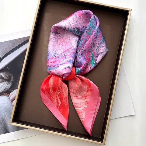 Impressionist Oil Painting Print Satin Square Scarf For Women Abstract Floral Silk-Like Neck Head Scarf Decorative Shawl Wrap