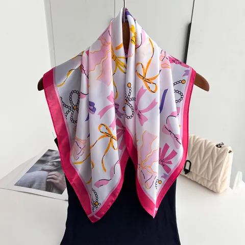 Women's Fashion Satin Square Scarf Bow Ribbon Pearl Print Headscarf Elegant Neck Scarf Shawl Versatile Spring Accessory