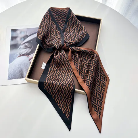 Women Elegant Geometric Rhombus Print Satin Twilly Scarf Letter Pattern Ribbon Bag Hair Neck Accessory Fashionable Scarf