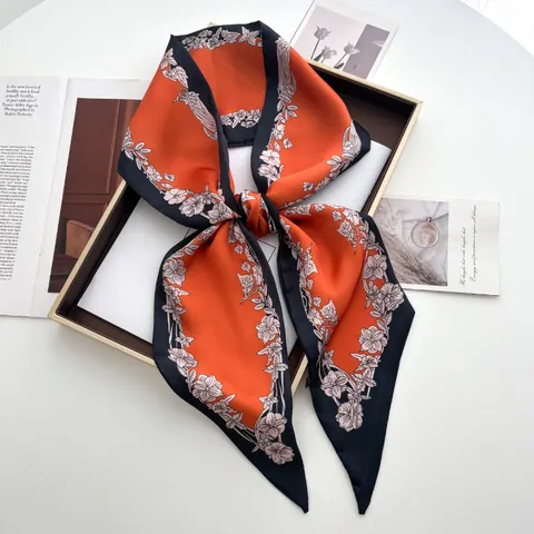Elegant French Floral Print Satin Skinny Scarf For Women Vintage Orange Neck Tie Hair Band Bag Ribbon Versatile Scarf Accessory