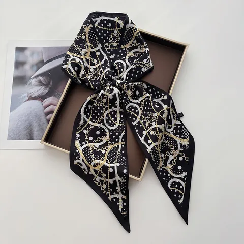 Elegant Satin Printed Narrow Scarf For Women Vintage Equestrian Floral Pattern Multifunctional Bag Handle Wrap Hair Band Neck Scarf