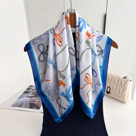 Women's Fashion Satin Square Scarf Bow Ribbon Pearl Print Headscarf Elegant Neck Scarf Shawl Versatile Spring Accessory