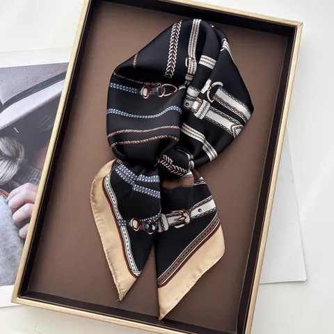 Women Vintage Satin Square Scarf Elegant Belt Chain Print Silk Like Neck Head Scarf Fashionable Shawl Hair Accessory