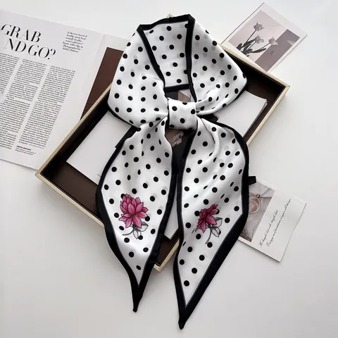 Women's Vintage Polka Dot Floral Satin Scarf Elegant Silk-Like Narrow Hairband Neck Ribbon Bag Handle Wrap