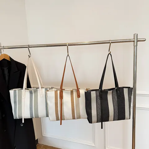 Women Fashion Canvas Tote Bag Large Capacity Vertical Stripes Shoulder Bag Casual Commuter Handbag Stylish Fabric Shopper Bag
