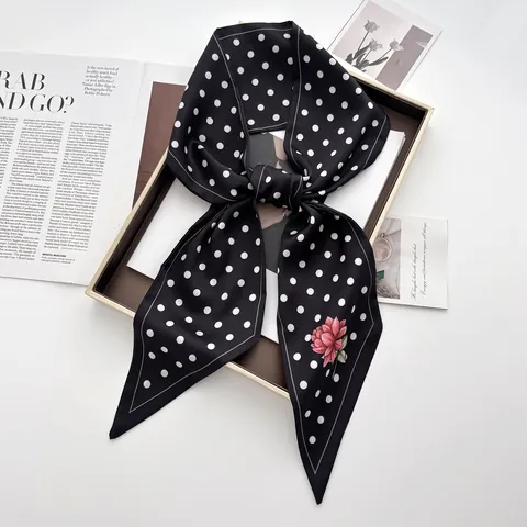 Women's Vintage Polka Dot Floral Satin Scarf Elegant Silk-Like Narrow Hairband Neck Ribbon Bag Handle Wrap