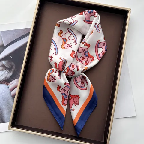 Vintage Rocking Horse Print Satin Square Scarf For Women Elegant Silk Feel Headscarf Neck Scarf Fashion Wrap Hair Accessory