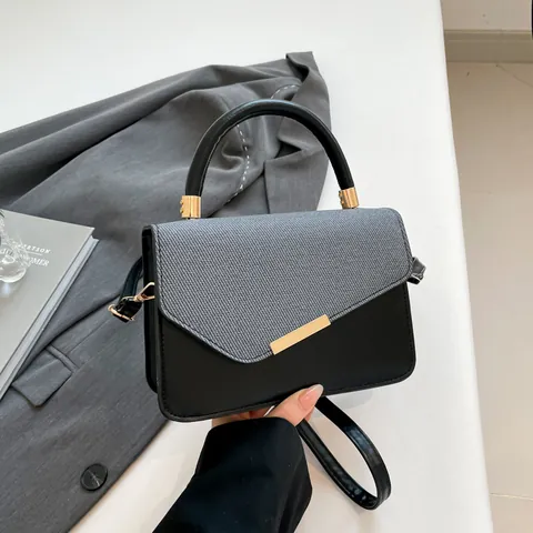 Women PU Leather Woven Texture Crossbody Handbag Colorblock Simple Square Shoulder Bag With Gold Metal Lock And Adjustable Strap