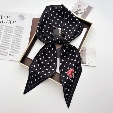 Women's Vintage Polka Dot Floral Satin Scarf Elegant Silk-Like Narrow Hairband Neck Ribbon Bag Handle Wrap