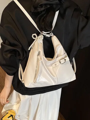 Bolso de Hombro de Cuero PU Brillante para Mujer Mochila de Gran Capacidad Con Colgante de Mariposa de Perlas Artificiales Bolso Tote