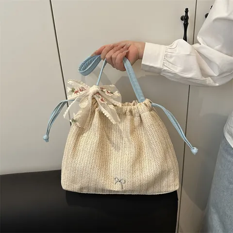 Women Woven Straw Tote Bag Large Capacity Casual Shoulder Bag Stylish Silk Scarf Bow Daily Commuting Handbag