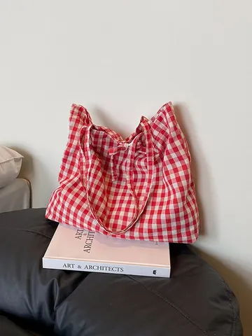 Γυναικεία Τσάντα Tote από Καμβά Gingham Μεγάλη Χωρητικότητα Καρό Τσάντα Ώμου Με Φιόγκο Κορεάτικο Στυλ Τσάντα Χειρός