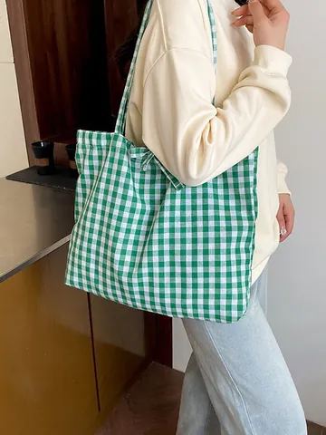 Γυναικεία Τσάντα Tote από Καμβά Gingham Μεγάλη Χωρητικότητα Καρό Τσάντα Ώμου Με Φιόγκο Κορεάτικο Στυλ Τσάντα Χειρός