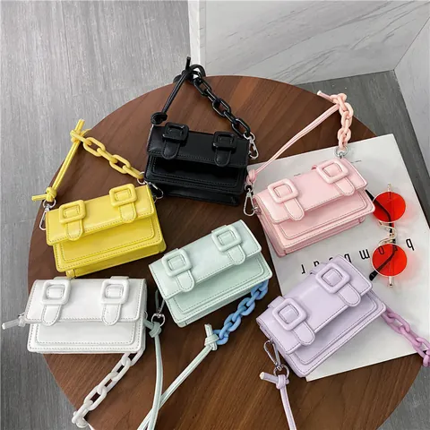 Dames Mini PU Leer Cambridge Tas Grote Acryl Ketting Schoudertas Kleine Vierkante Tas Dubbele Gesp Mode Handtas