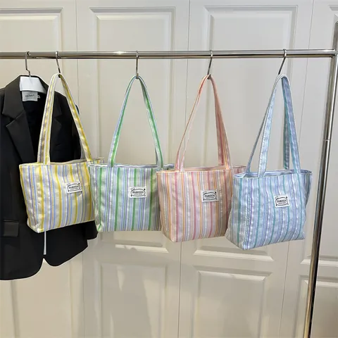 Stripe Canvas Tote Bag Women Large Capacity Shoulder Bag Casual School Student Shopper Zipper Closure Pleated