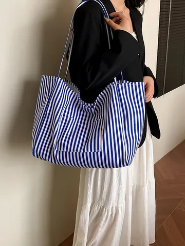 Borsa Tote in Tela a Righe di Grande Capacità per Donna Borsa a Tracolla Casuale a Righe Versatile per Shopping Quotidiano