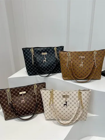 Women's Geometric Print Tote Bag PU Leather Metal Chain Spliced Shoulder Strap Fawn Pendant Chic Commuting Large Capacity Handbag