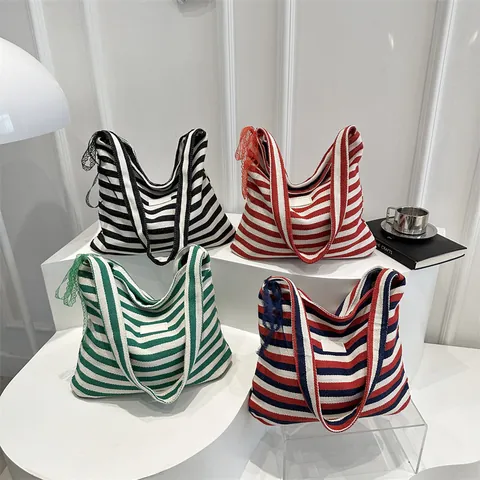 Borsa Tote in Tela a Righe da Donna Grande Capacità Borsa a Tracolla Casual Con Decorazione in Pizzo Dolce Borsa a Mano Pendolare