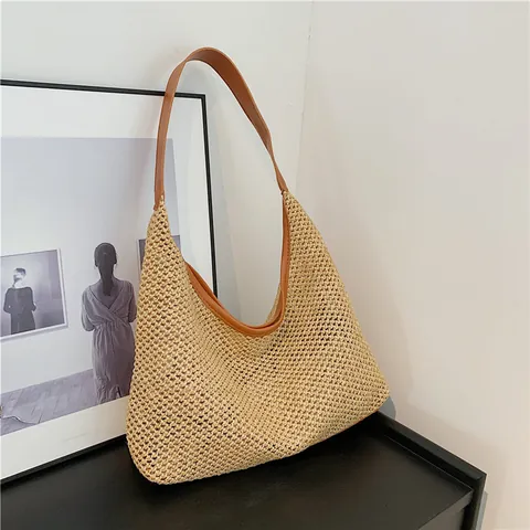 Γυναικεία Vintage Υφαντή Ψάθινη Τσάντα Tote Μεγάλης Χωρητικότητας Τσάντα Ώμου Καλοκαιρινό Στυλ Διακοπών Hobo Handbag
