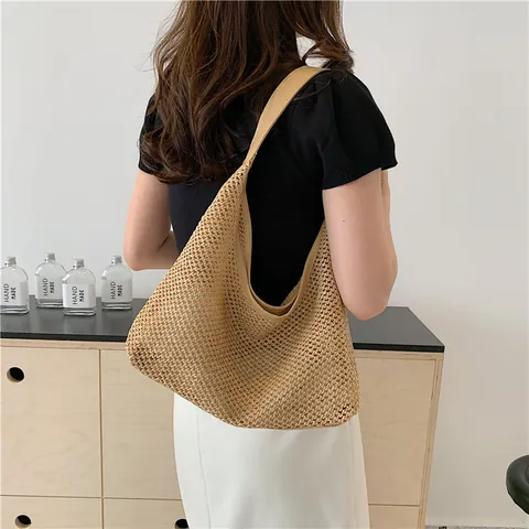 Γυναικεία Vintage Υφαντή Ψάθινη Τσάντα Tote Μεγάλης Χωρητικότητας Τσάντα Ώμου Καλοκαιρινό Στυλ Διακοπών Hobo Handbag