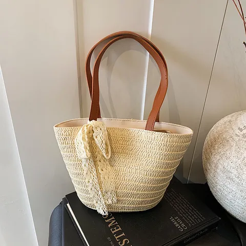 Women Large Capacity Straw Tote Bag With Lace Bow Retro Woven Beach Shoulder Bag For Summer Vacation Travel Pastoral Basket Bag