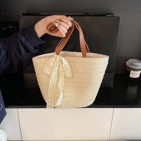 Women Large Capacity Straw Tote Bag With Lace Bow Retro Woven Beach Shoulder Bag For Summer Vacation Travel Pastoral Basket Bag