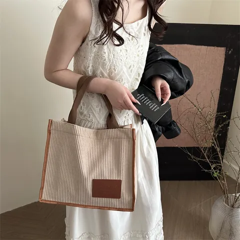Women Large Corduroy Tote Bag Student School Shoulder Bag High Capacity Solid Color Vintage Casual Handbag With Leather Patch