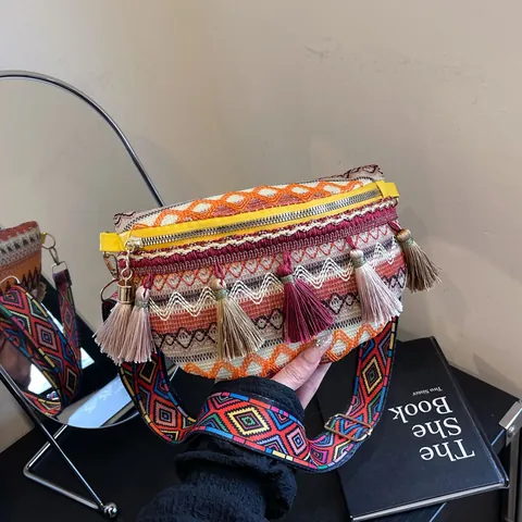 Damen Ethnisch Bohemian Gewebte Umhängetasche Mit Bunten Quasten Breiter Schultergurt Lässig Reise Brusttasche Gürteltasche
