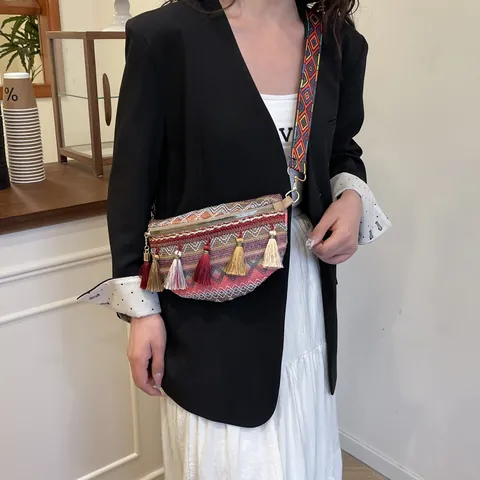 Damen Ethnisch Bohemian Gewebte Umhängetasche Mit Bunten Quasten Breiter Schultergurt Lässig Reise Brusttasche Gürteltasche