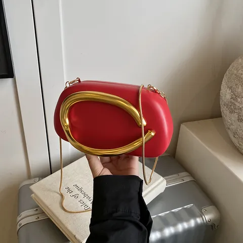 Bolso de Noche de Caja de Cuero PU Vintage para Mujer Con Asa de Metal Grande en Forma de C Cadena Fina Cartera Banquet
