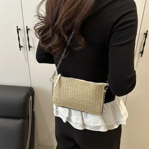 Damen Stroh Gewebte Umschlag Umhängetasche Mit Metallkette Silberperlen Besatz Kleine Sommer Strand Schultertasche