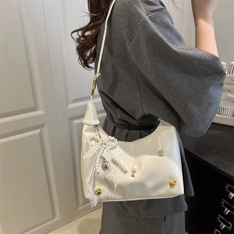 Shiny PU Leather Dumpling Hobo Bag For Women With Artificial Pearl Lace Bow Charm Sweet Small Handbag Shoulder Crossbody Bag
