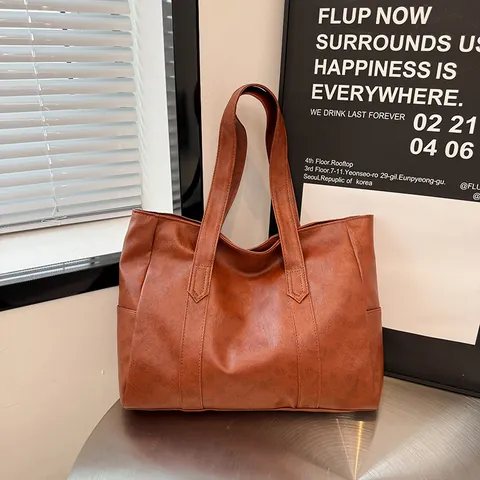 Sac Cabas Femme en Cuir PU Grande Capacité Urbain Minimaliste Couleur Unie Sac à Épaule pour Navetteur Avec Poches Latérales