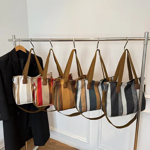 Large Capacity Stripe Canvas Tote Bag For Women Fashion Shoulder Crossbody Handbag Casual Commuter Mommy Daily Use Bag