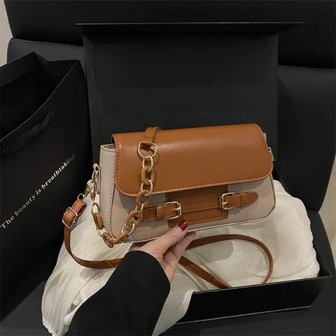 Women PU Leather Color Block Stitching Small Square Bag Fashion Vintage Flap Shoulder Crossbody Bag With Metal Chain Buckle Underarm Bag