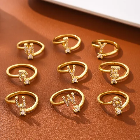 Women Gold Plated Copper Zirconia Initial Alphabet Open Ring Adjustable Minimalist Light Luxury Initial Letter Finger Ring