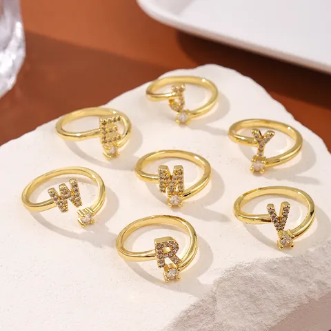 Women Gold Plated Copper Zirconia Initial Alphabet Open Ring Adjustable Minimalist Light Luxury Initial Letter Finger Ring