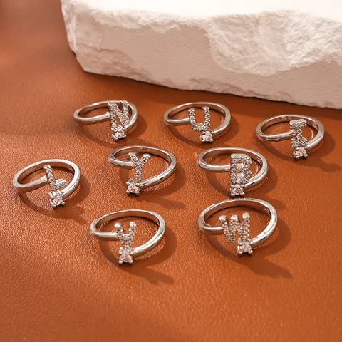 Fashion Zirconia Alphabet Opening Adjustable Ring For Women Gold Plated Copper Micro Pave Letter Finger Ring Jewelry Gift