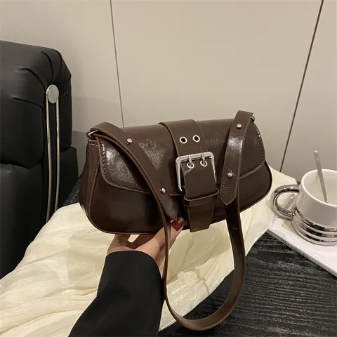 Bolso de Axila de Cuero PU Vintage para Mujer Color Sólido Decoración de Hebilla de Cinturón Bolso de Hombro Retro