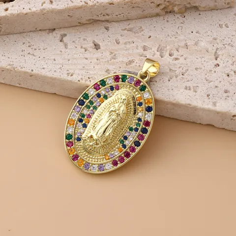 Religious Virgin Mary Guadalupe Pendant Gold Plated Copper Micro Inlaid Zirconia Colorful Crystal Jewelry Gift For Women Men