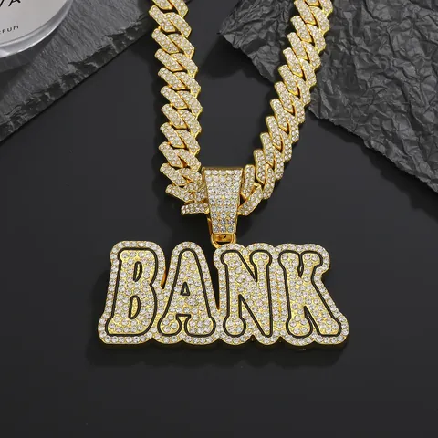 Hip Hop Iced Out BANK Letter Pendant Necklace Zinc Alloy Rhinestone Cuban Link Rope Chain Streetwear Jewelry For Men