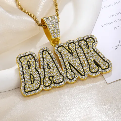 Hip Hop Iced Out BANK Letter Pendant Necklace Zinc Alloy Rhinestone Cuban Link Rope Chain Streetwear Jewelry For Men